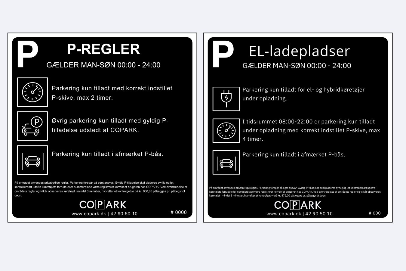 COPARK parkeringsskilte.  Skilte produceret efter jeres ønsker og behov